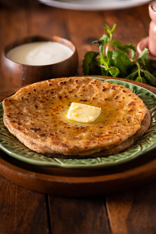 2 ALOO PARATHA WITH CURD, TISSUE, SPOON